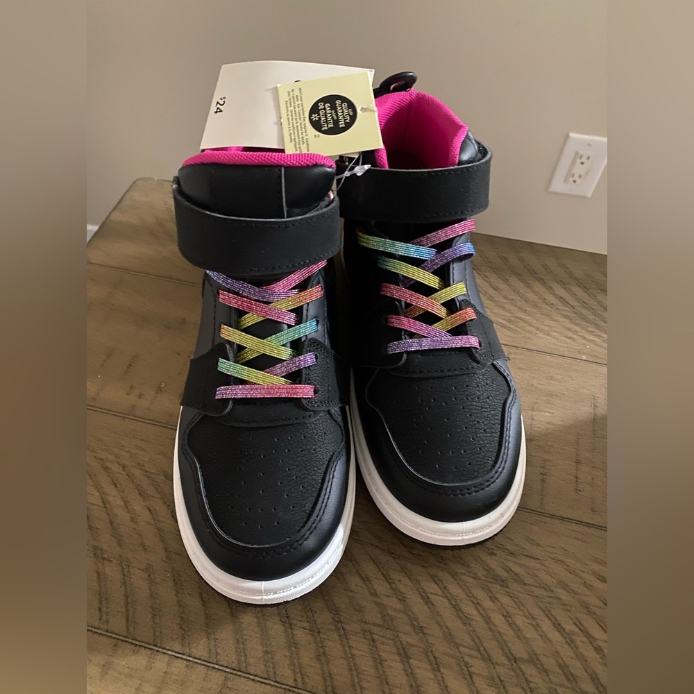 Kids Black High-Top Sneakers with Rainbow Laces